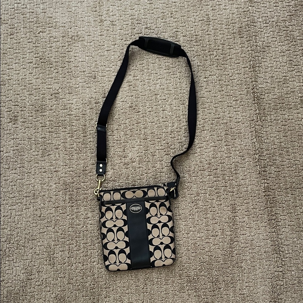 Coach Signature Tan and Black Crossbody Bag